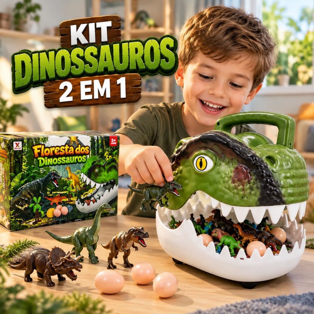 Kit Brinquedo Dinossauro 2 em 1 Com Carrinho Armazenamento Floresta Moderna Portátil Infantil