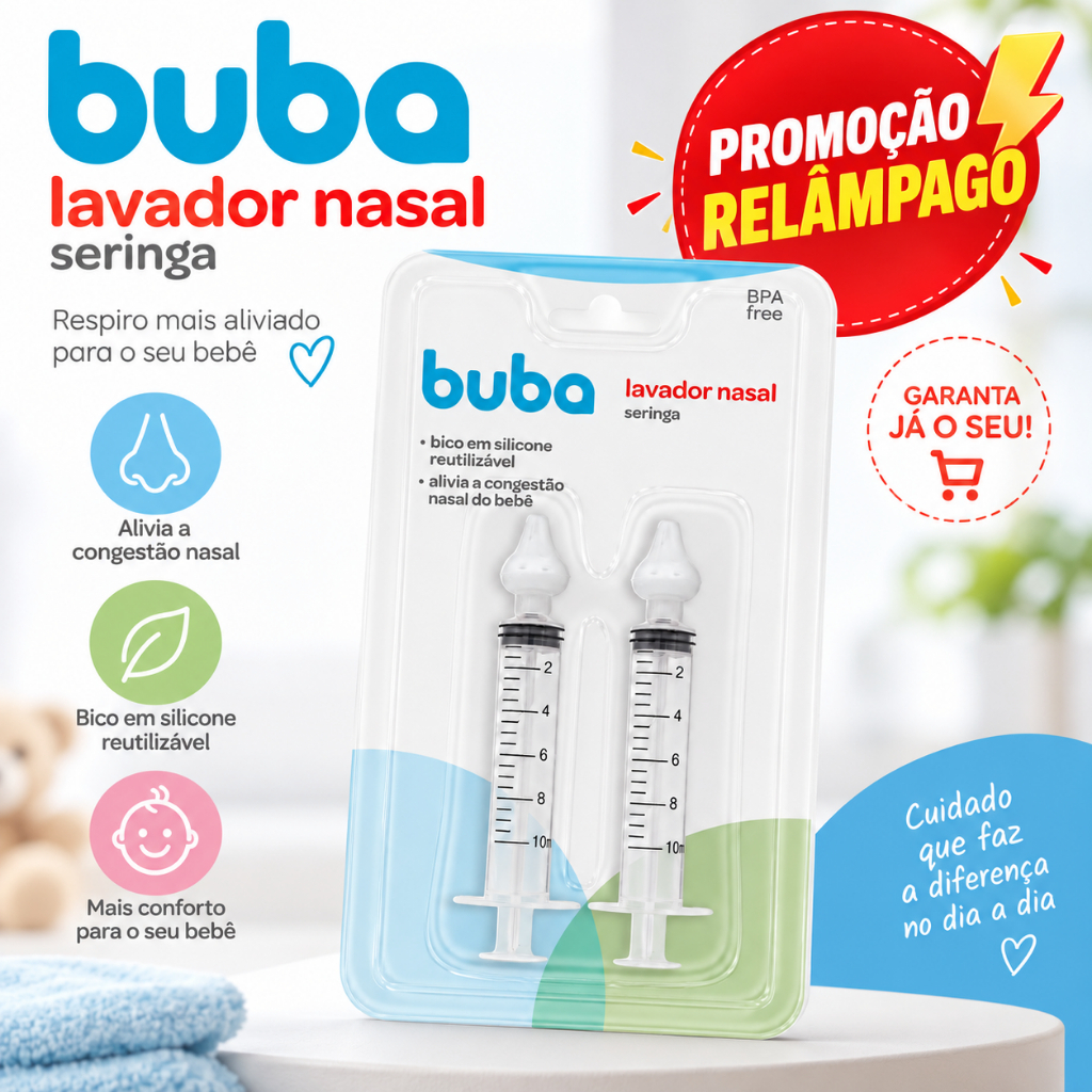 Kit Lavador Nasal com 2 Seringa Ponta Em Silicone Buba