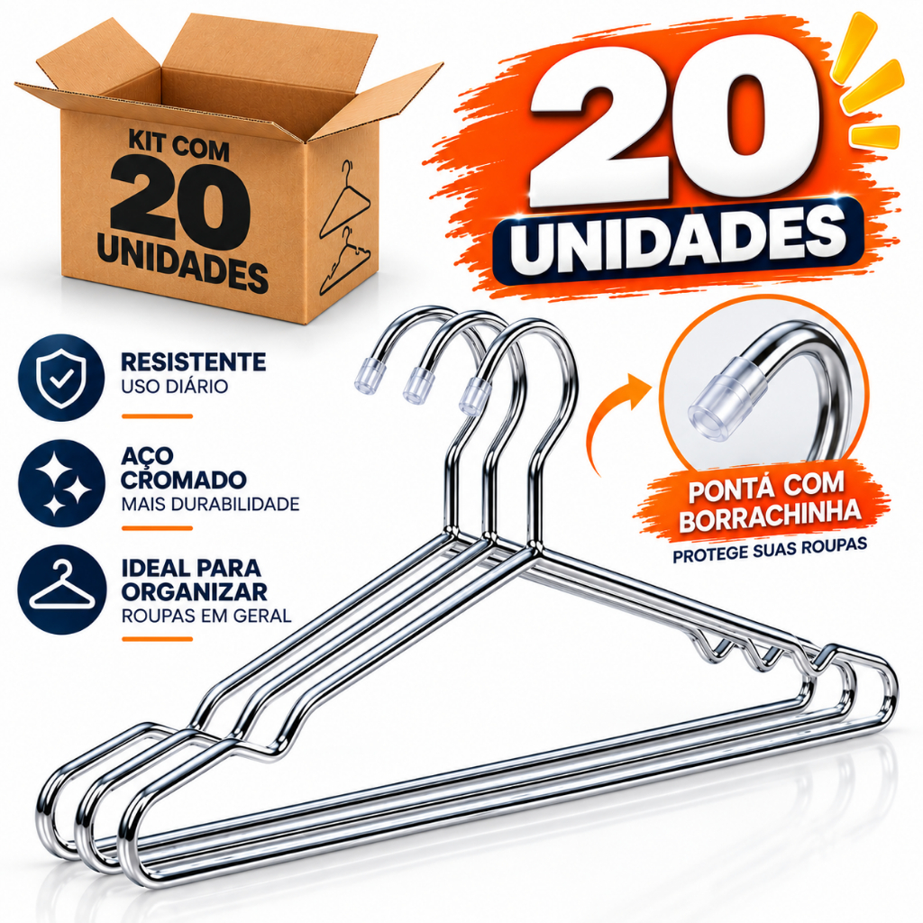 20 Cabides Tintureiro Metal Cromado Armário Closet loja