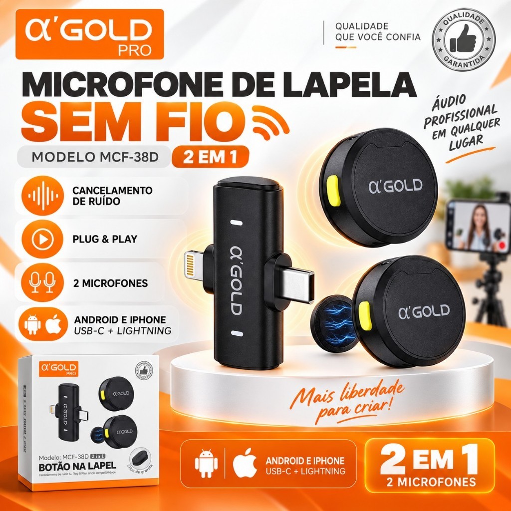 Microfone de Lapela Duplo Magnético A’Gold 2 em 1 iPhone e Android Tipo C Discreto para Entrevistas e Podcasts