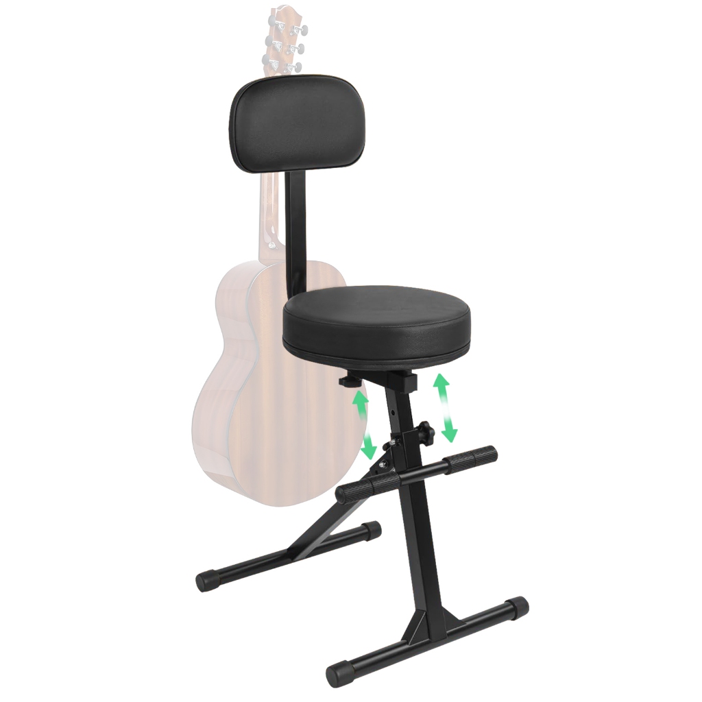 Banco dobrável preto para guitarra, assento ajustável para bateria, cadeira para músicos com encosto acolchoado, banco