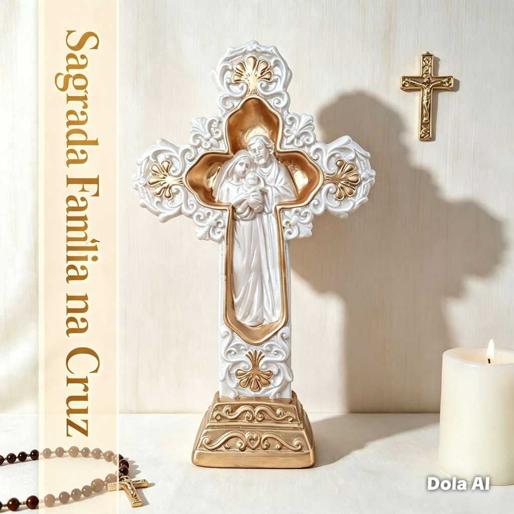 Imagem sagrada familia na cruz 34 cm - cruz detalhada gesso mesa e parede perola dourado bronze decoração religiosa fé