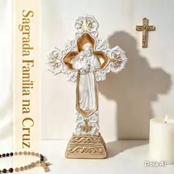 Imagem sagrada familia na cruz 34 cm - cruz detalhada gesso mesa e parede perola dourado bronze decoração religiosa fé