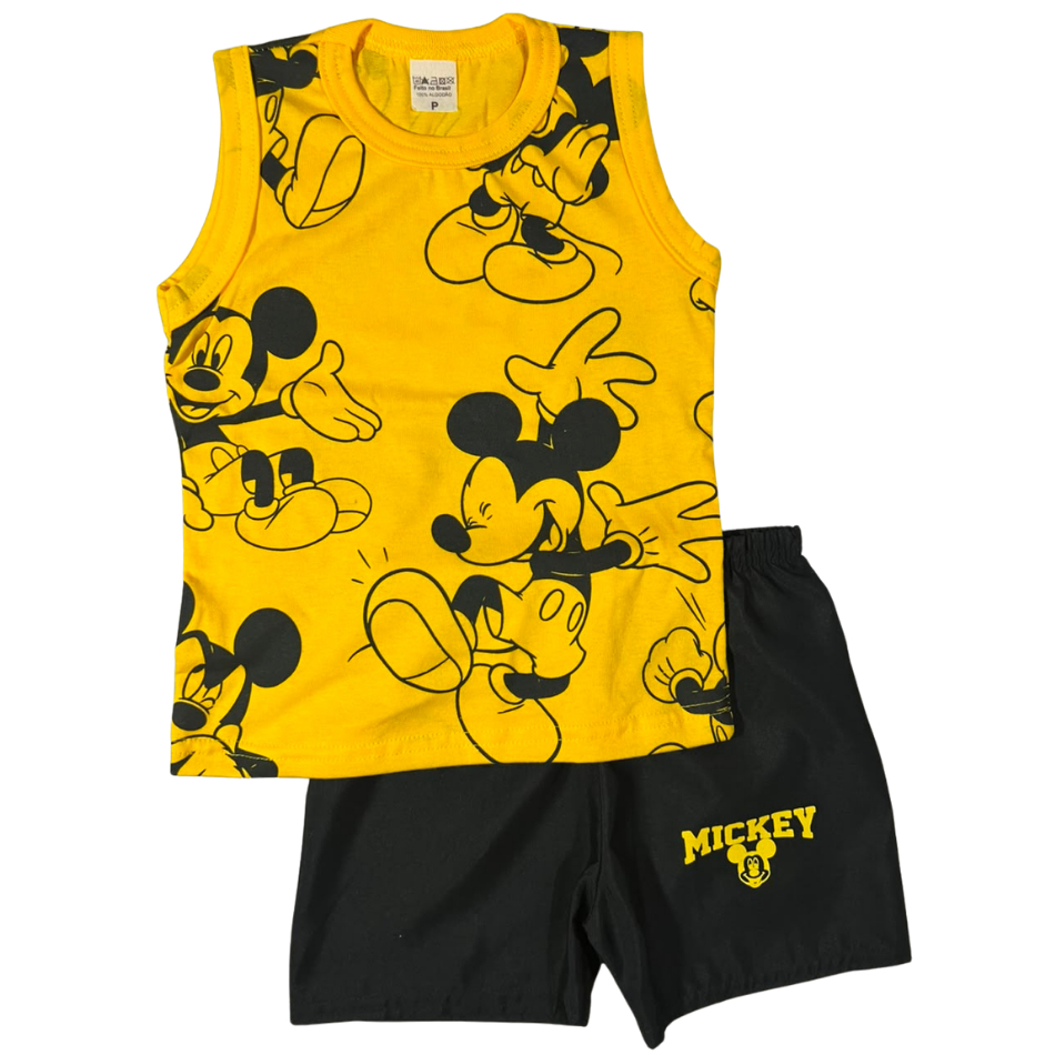 Roupa Infantil Mickey Amarelo Camiseta Algodão Short Tactel