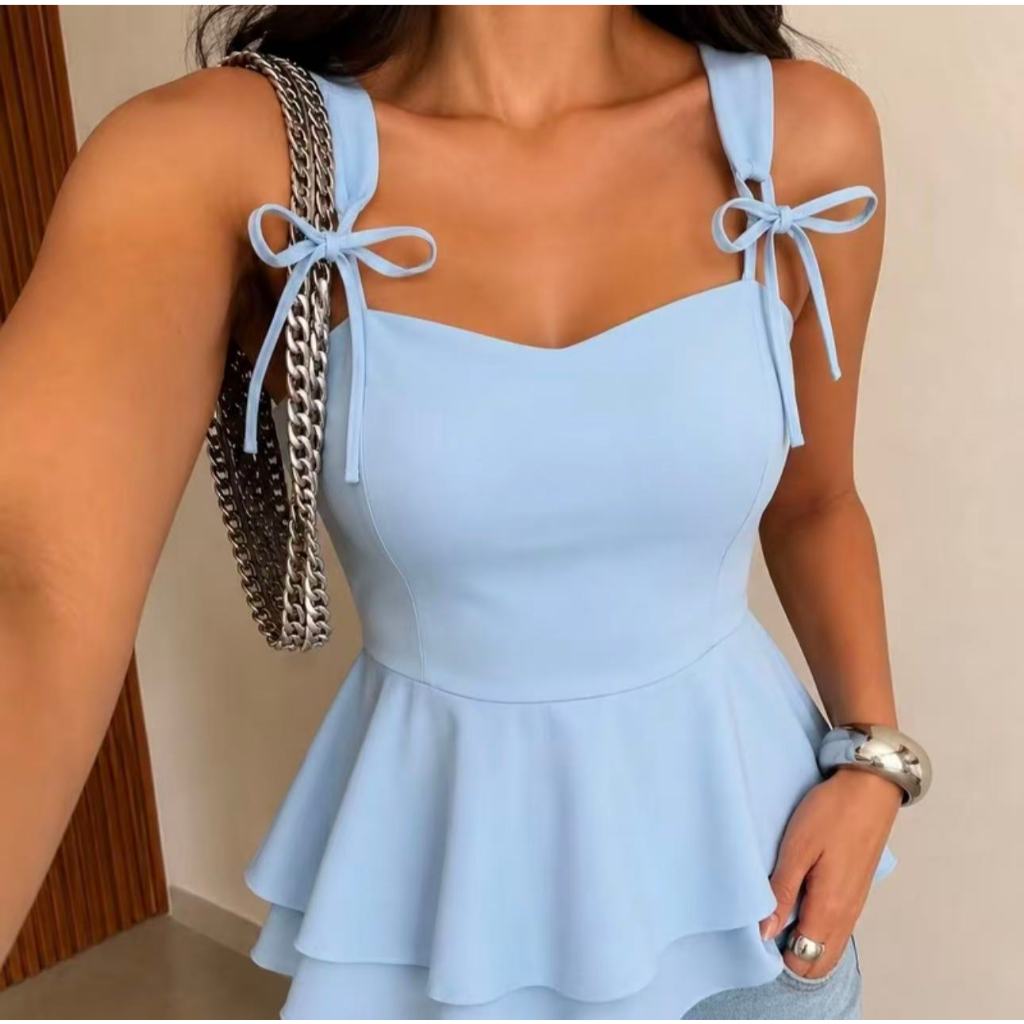 Blusa Ciganinha com Laço nas Alças e Babado Duplo Azul Claro