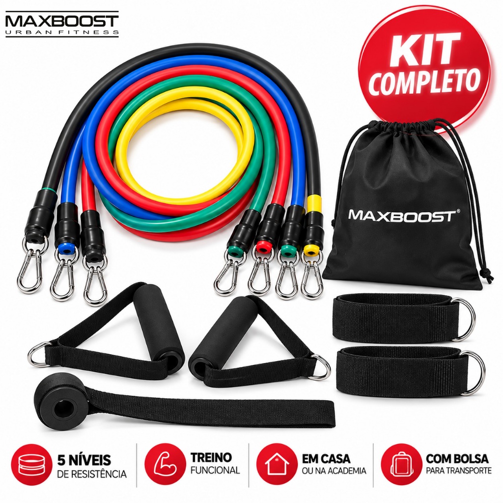 Kit Elásticos de Resistência Maxboost 5 Níveis para Musculação Treino Funcional em Casa com Alças e Âncora