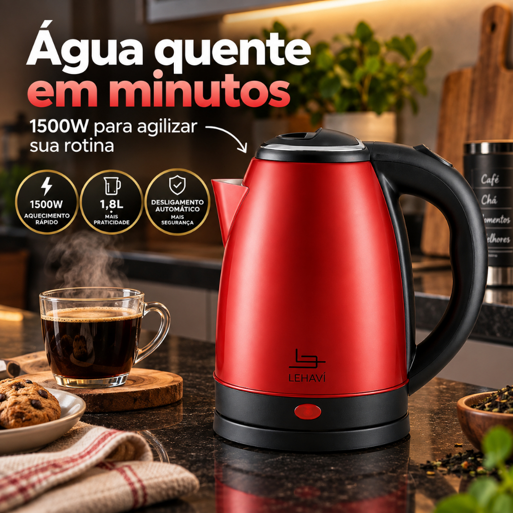Chaleira Elétrica Inox Vermelha 1,8 Litros 110V | 220V Fervedor Água Elétrico Aquecimento Rápido Desligamento Automático