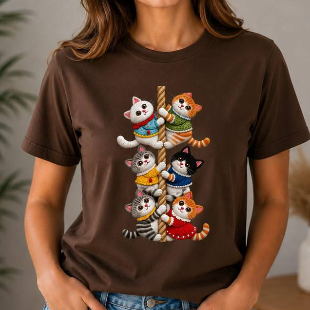 Camiseta Feminina Manga Curta GATINHO FOFO Subindo Corda em Algodão BellaMix