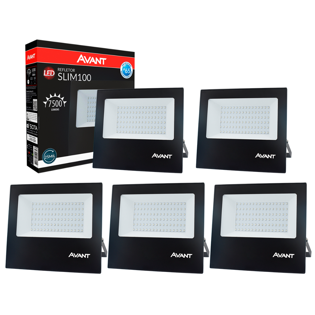 Kit 5 Refletor Led Externo 100w 6500k Branco Frio 110v/220v Ip66 a prova d água Avant