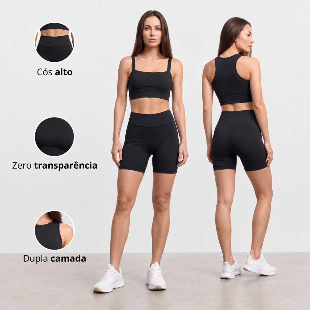 Conjunto Fitness Feminino Short + Cropped ou Top Suplex Cintura Alta Não Transparente Academia