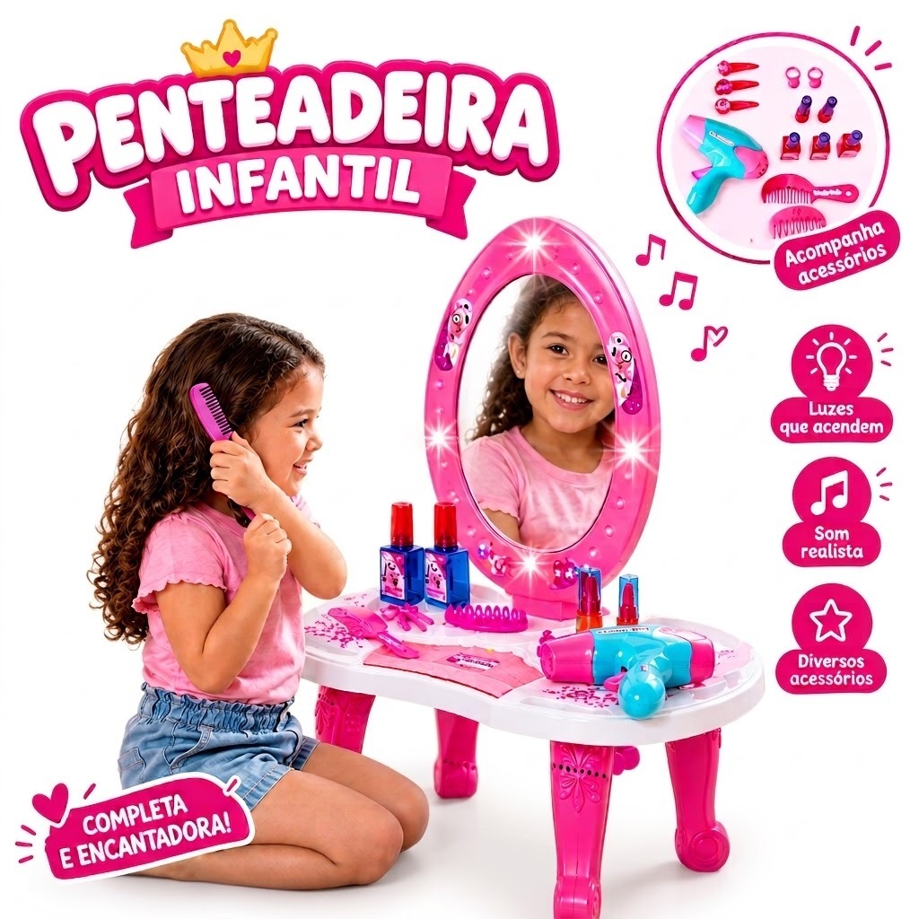 Penteadeira Infantil Com Luz e Som e Acessórios Para Meninas Salão de Beleza Colorida