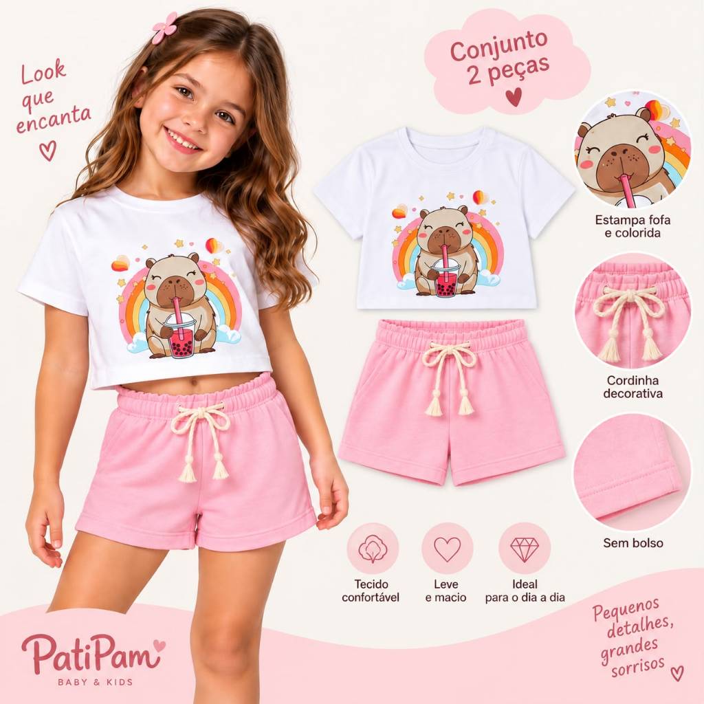 Conjunto Infantil Feminino Cropped 100% Algodão + Short de Moletinho Estampa Capivara