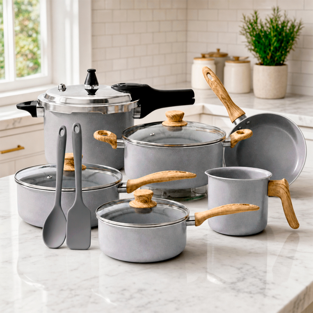 Kit Conjunto Jogo de Panelas Brinox 8 Peças Com Indução Panela De Pressão Cinza Ceramic Life Easy Utensílios Frigideira