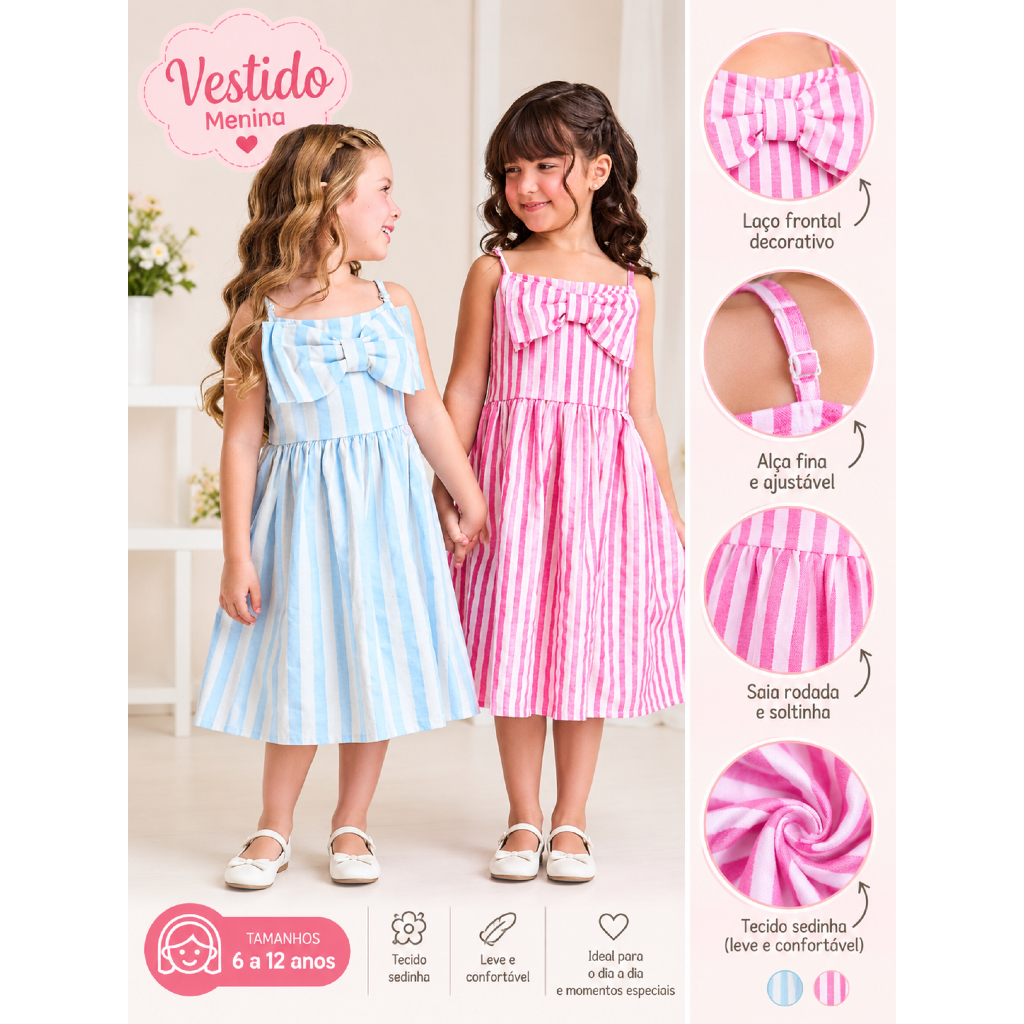 Vestido Infantil Menina em Sedinha com Alças Ajustáveis Estampado 6 a 12 Anos