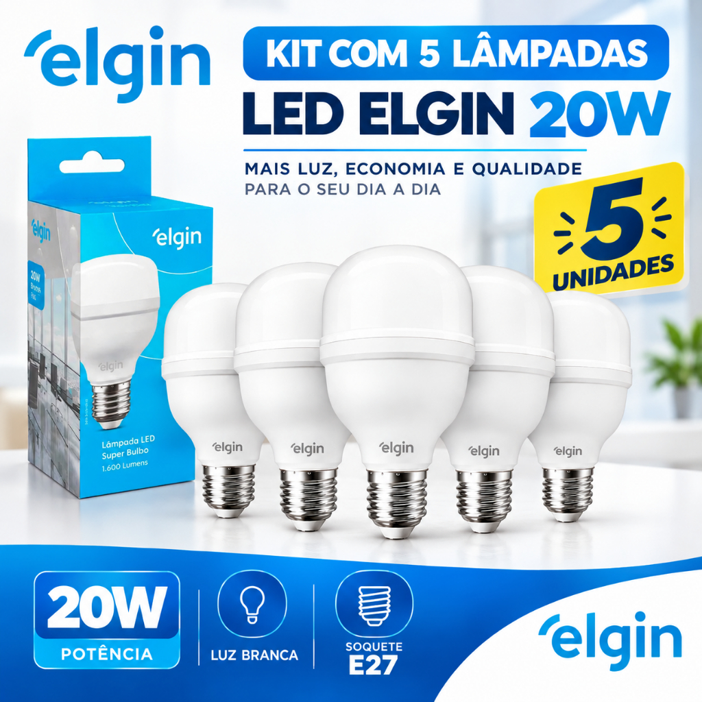 Kit 5 Lâmpadas Led Bulbo Elgin 20w Bivolt 6500k Branca Fria