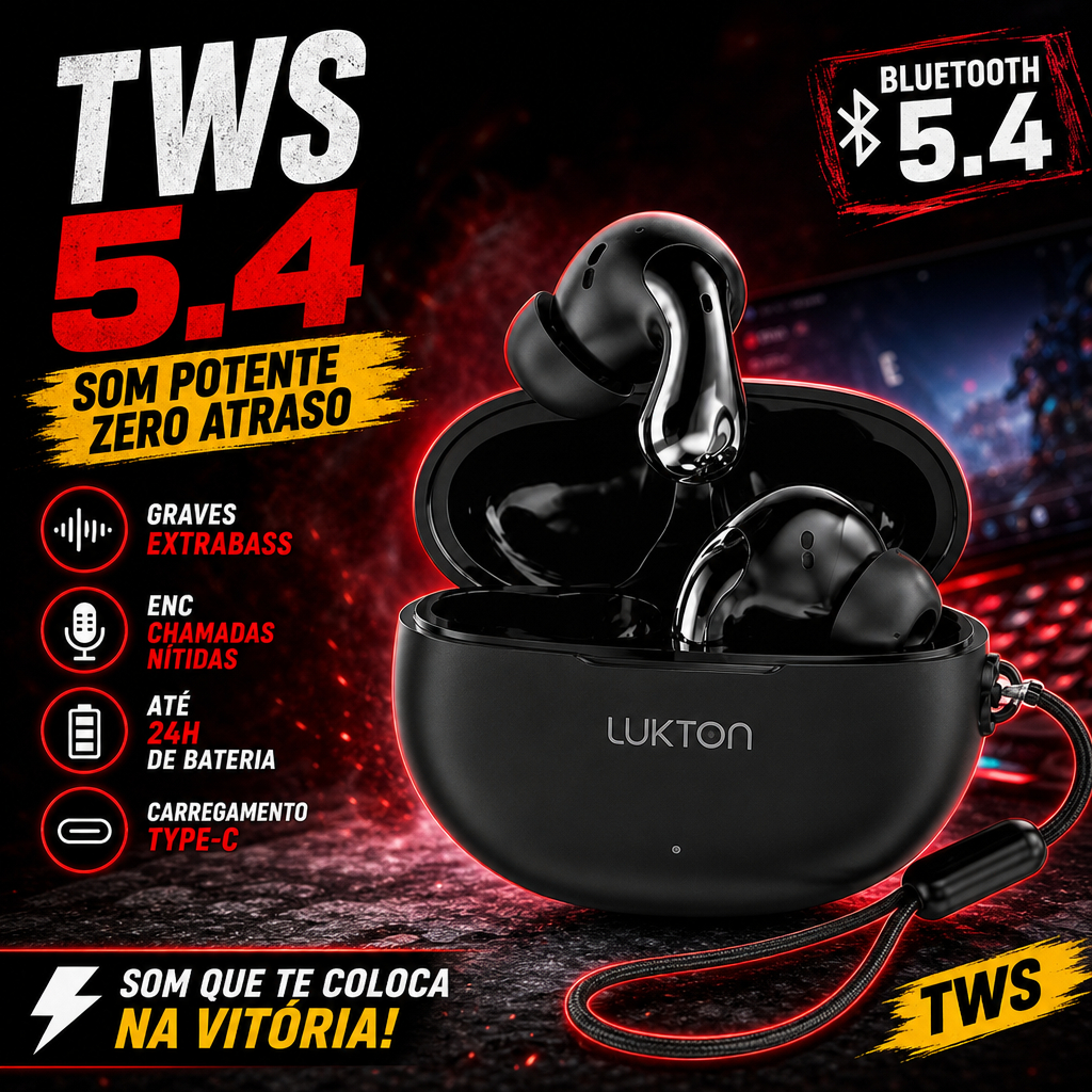 Fone Bluetooth 5.4 TWS com Cancelamento de Ruído ENC Graves Potentes Longa Autonomia Type-C