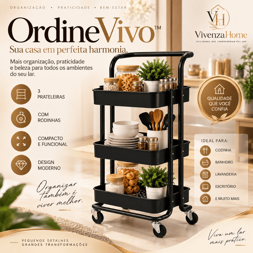 🛒CARRINHO ORGANIZADOR 3 PRATELEIRAS COM RODINHAS PRETO OrdineVivo™ Multiuso🏠 Cozinha Lavanderia 🖤