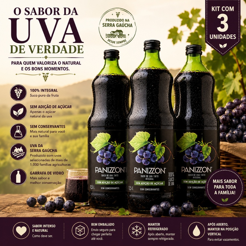 Suco De Uva Integral Panizzon Vidro Sem Concervantes e Sem Açucares 1,5 lt