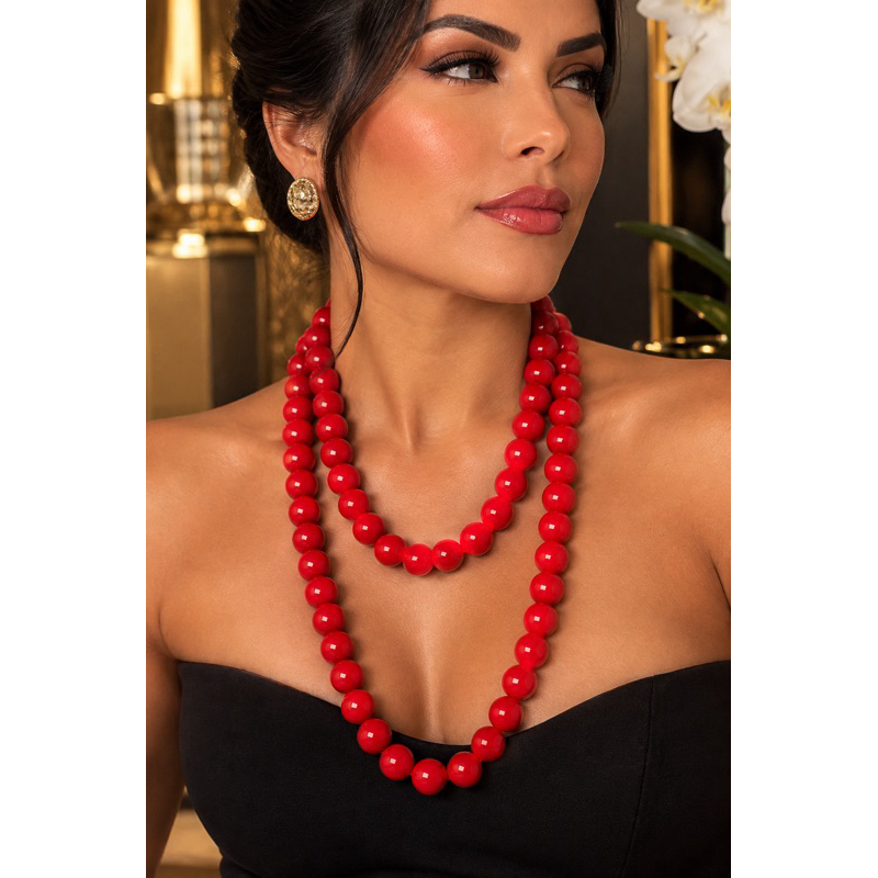 colar de bola longo colar bola elegante vermelho colar esferas longo tendência da moda