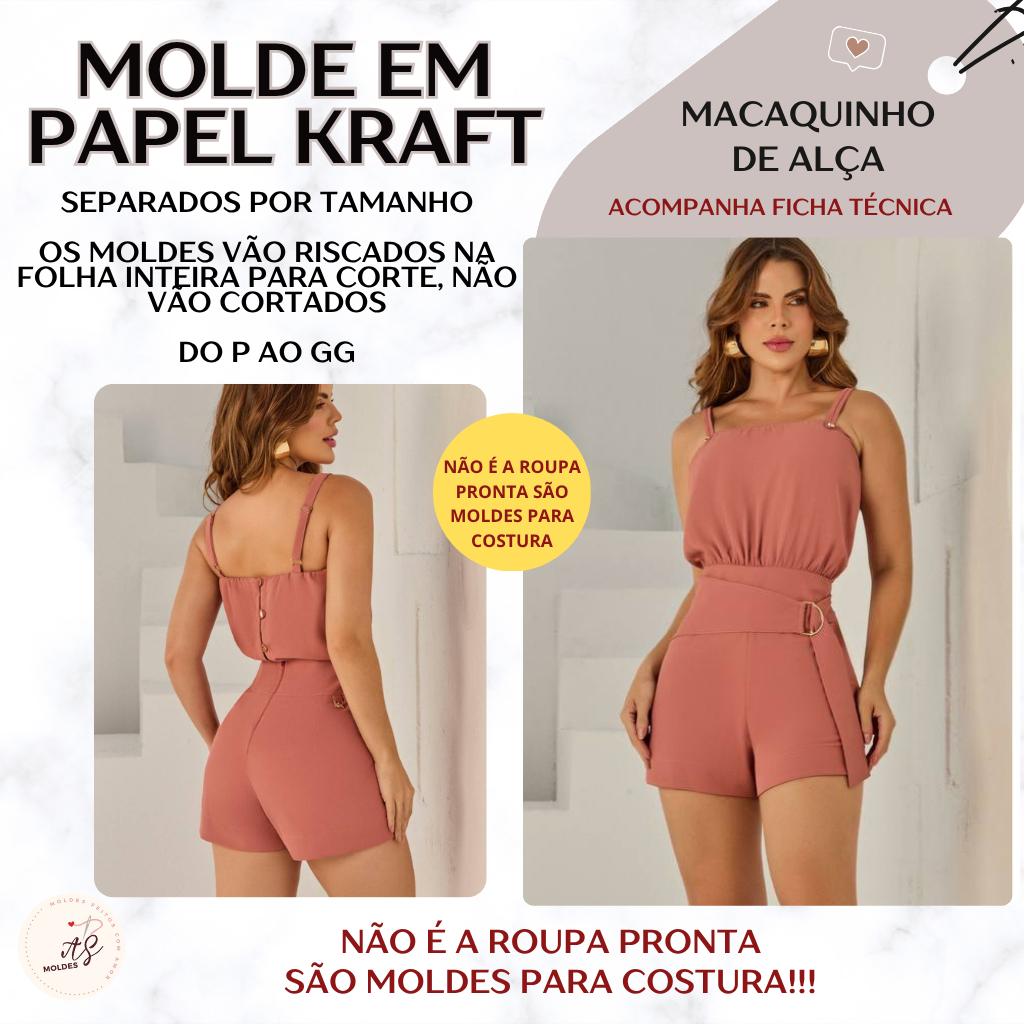 Molde em Papel Kraft para Costura Separados por Tamanho Macaquinho de Alça para recorte (NÃO É A ROUPA PRONTA)