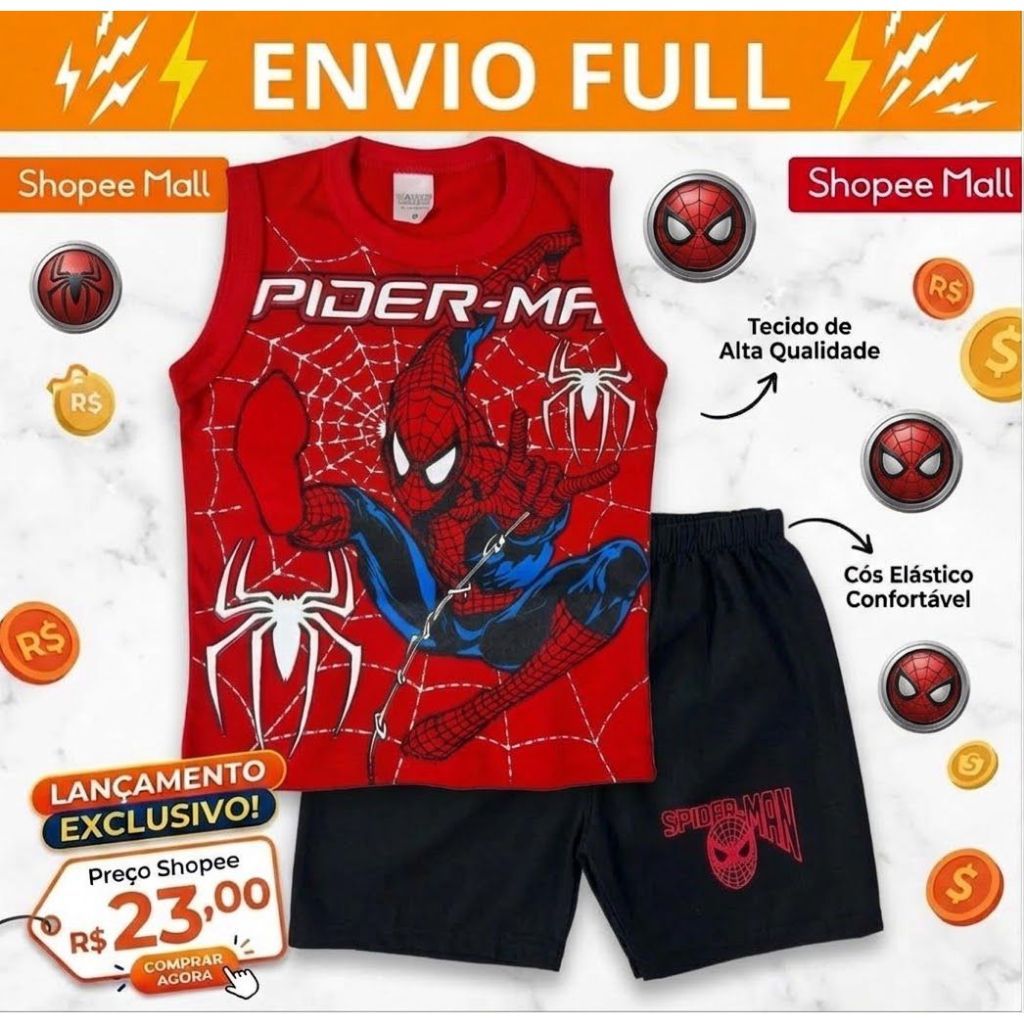Conjunto Infantil Homem Aranha Kit Camiseta + Bermuda Menino Aniversário Herói Masculino Shorts