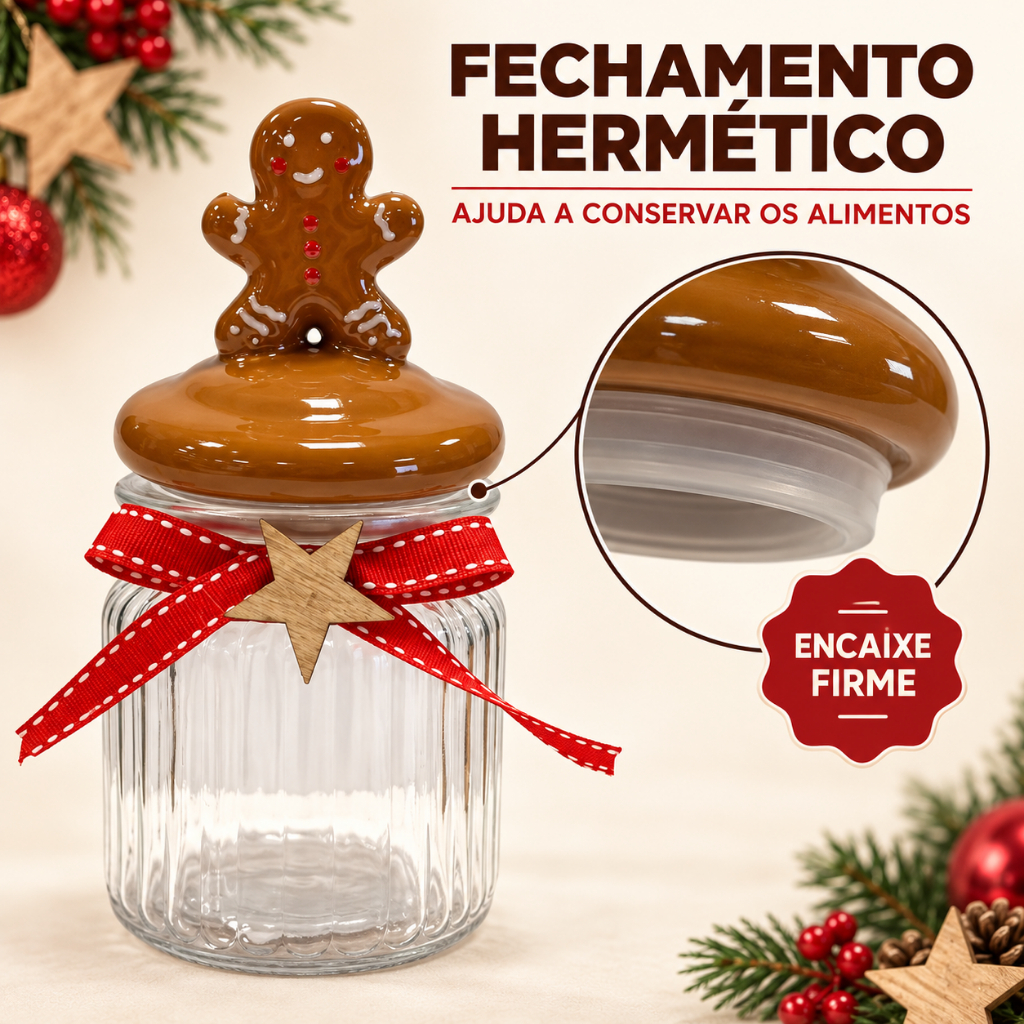 Pote de Vidro Natalino 550ml Hermético Tampa de Porcelana