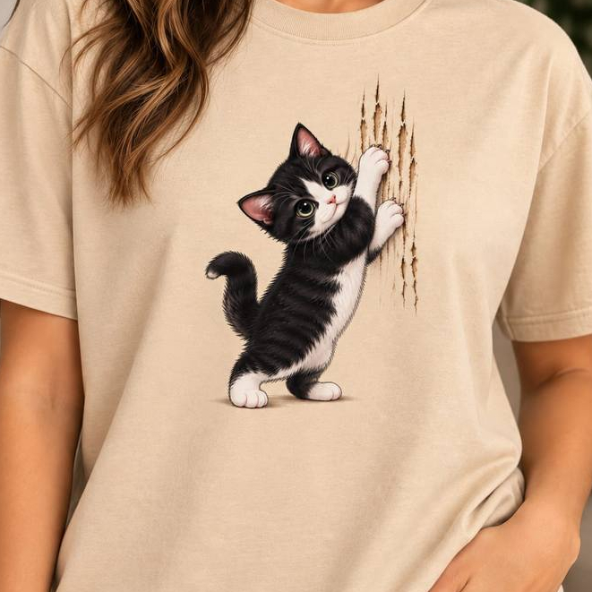 T-Shirt Feminina - Camiseta Feminina Manga Curta GATINHO Travesso em Algodão Fofo e Divertido