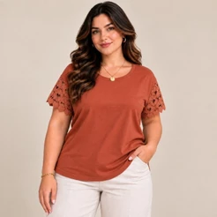 F-9969 T-shirt Plus Size de Algodão com manga rendada de corações. Moda feminina Plus confortável!