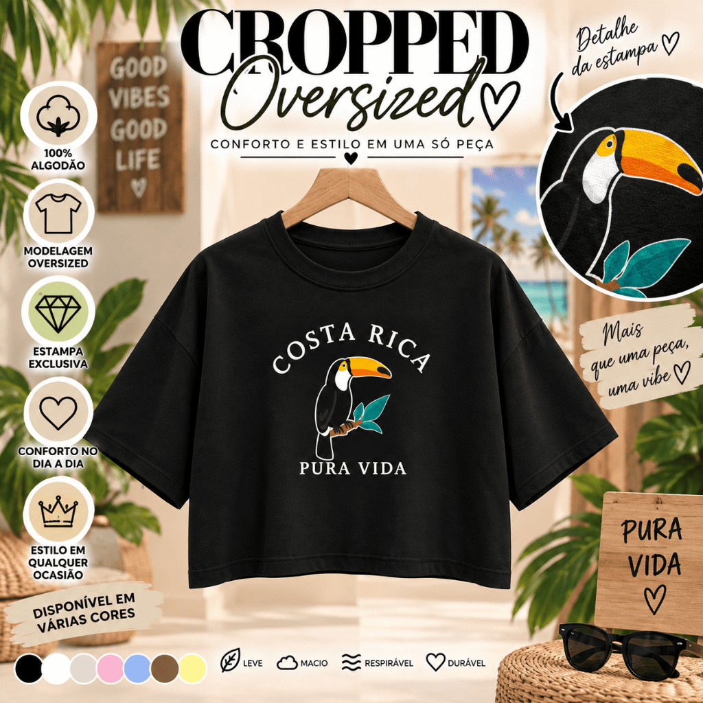 Cropped Feminino Oversized Costa Rica Pura Vida Tucano 100% Algodão Estampa Tropical Moda Casual Confortável Manga Curta