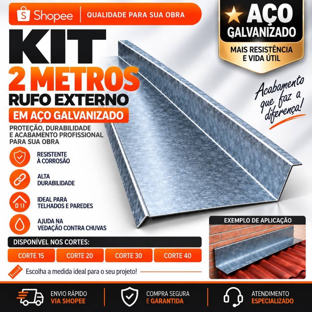 Kit 2 Metros Rufo Externo de Parede Telhado Corte 15/20/30/40 Galvanizado Chapa Chuva Vedação
