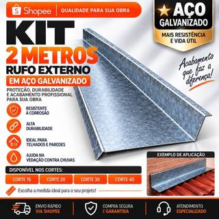 Kit 2 Metros Rufo Externo de Parede Telhado Corte 15/20/30/40 Galvanizado Chapa Chuva Vedação