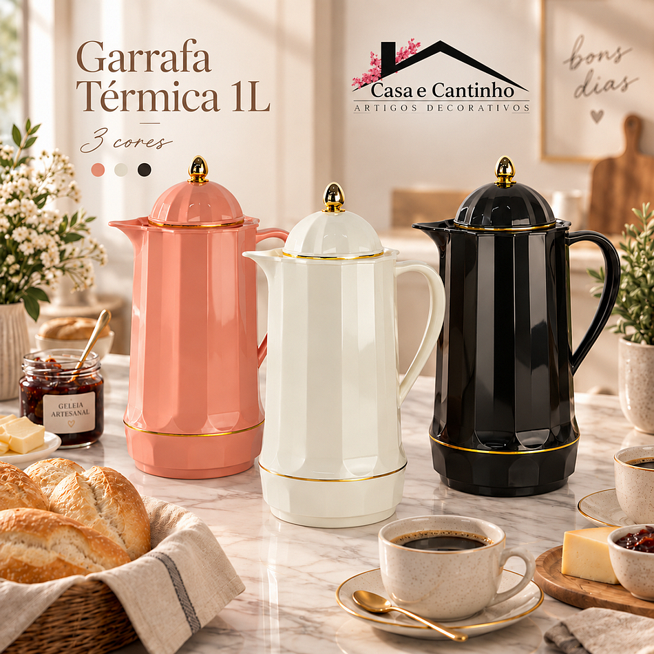 Garrafa Térmica 1L Plástico com Vidro Interno | Café Chá Design Moderno para Cozinha e Mesa