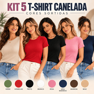 COMBO 5 T-SHIRT CORES SORTIDAS MALHA CANELADA BLUSA FEMININA VERÃO CASUAL TRABALHO COMBO PERFEITO QUALIDADE PREMIUM