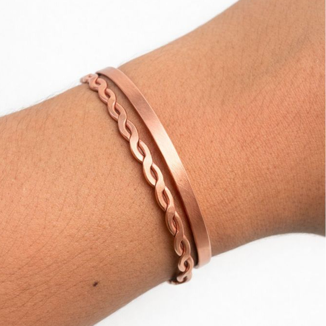 Kit 2 Pulseiras Finas de Cobre Puro Lisa e Trançada Bracelete Delicado Ajustável Feminina Masculina Unissex