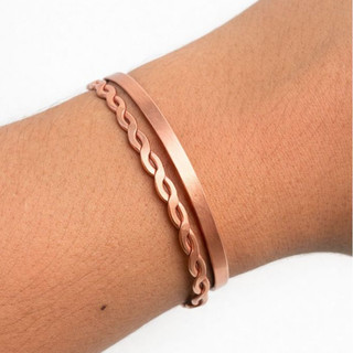 Kit 2 Pulseiras Finas de Cobre Puro Lisa e Trançada Bracelete Delicado Ajustável Feminina Masculina Unissex