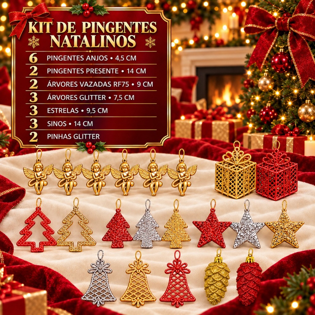 Kit 21 Pingentes Natalinos para Árvore de Natal Anjos Presentes Árvores Estrelas Sinos Enfeites Decoração Natalina — imagem 2 de 2