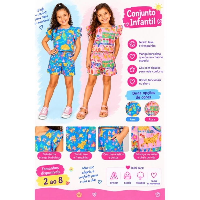 Conjunto Infantil Feminino Estampado Rosa ou Azul. Look Verão Confortável e Colorido para Meninas. Tamanho de 2 ao 8.