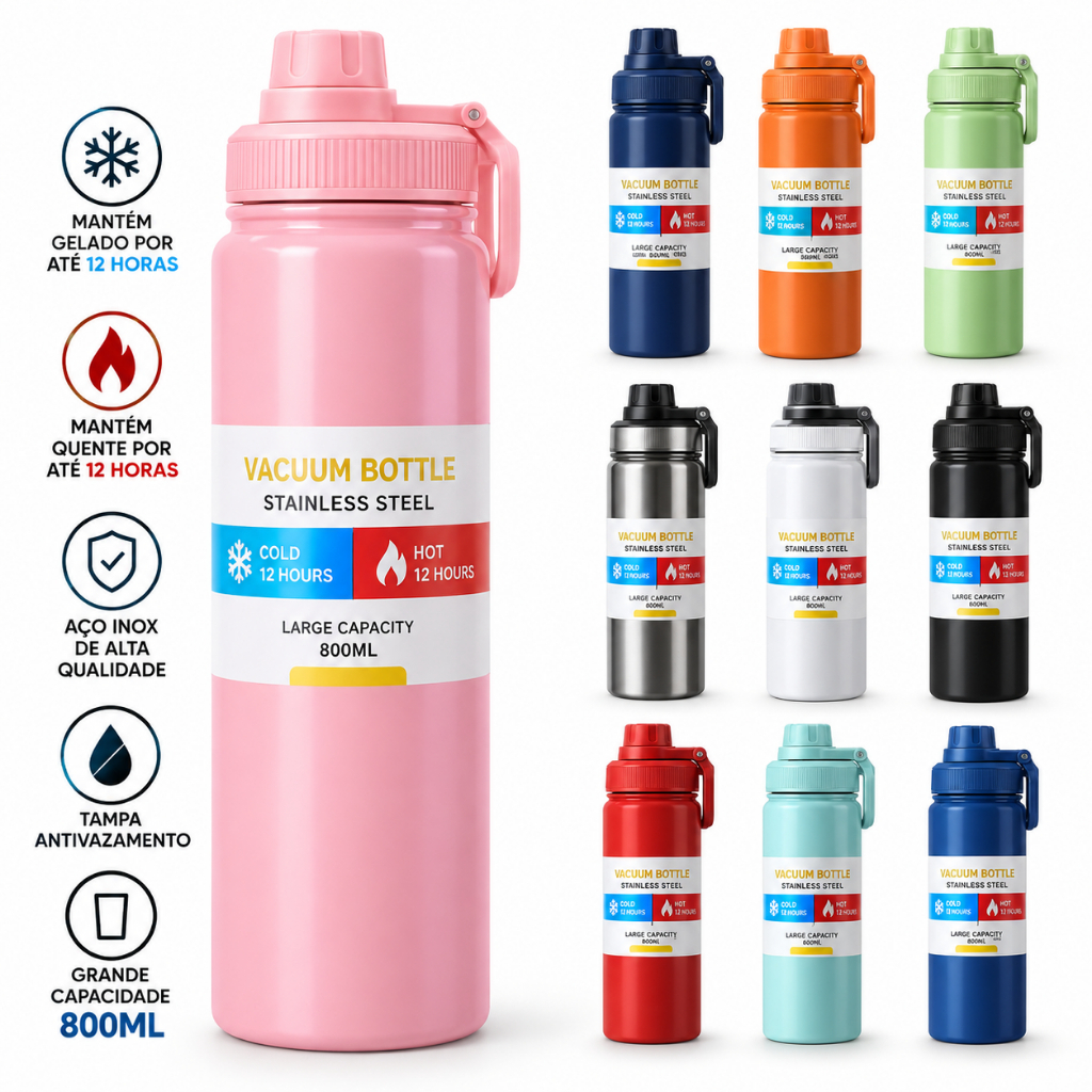 Garrafa Térmica 800ml Inox 304 Espacial Quente e Frio Antivazamento com Alça Academia Viagem Trabalho