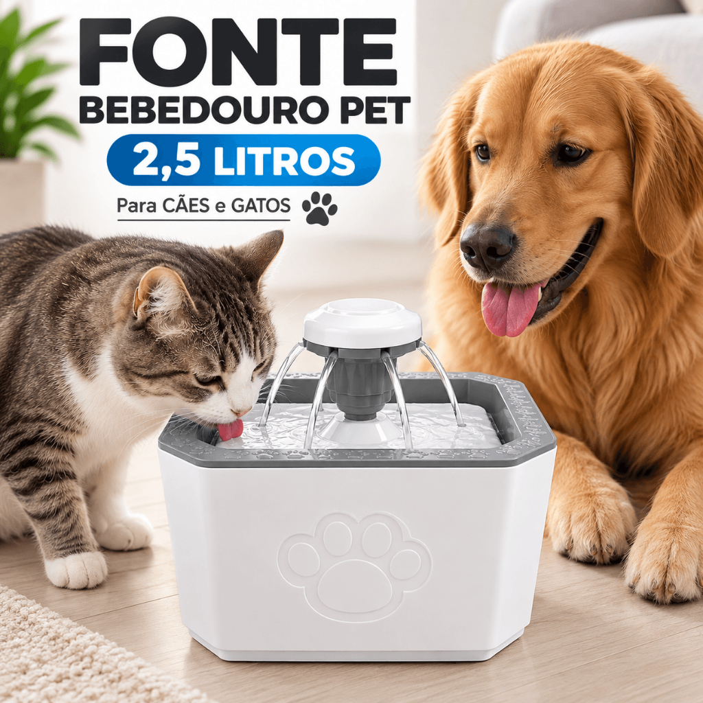 Fonte Bebedouro Pet Automática 2,5L para Gatos e Cães com Filtro 3 Modos Silenciosa USB Água Fresca