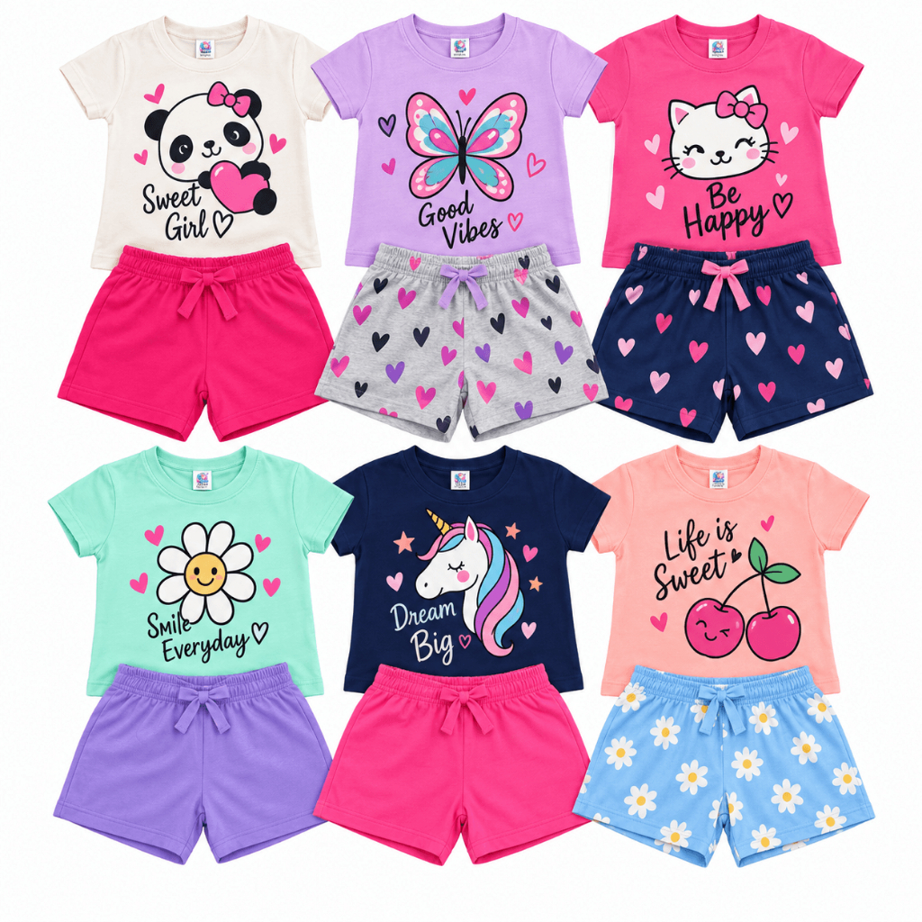Kit Sortido 4 Conjuntos Verão Coleção 8 Peças Infantil Feminino/Menina Blusas + Shorts Infantil 100% Algodão 1 ao 8 Ano