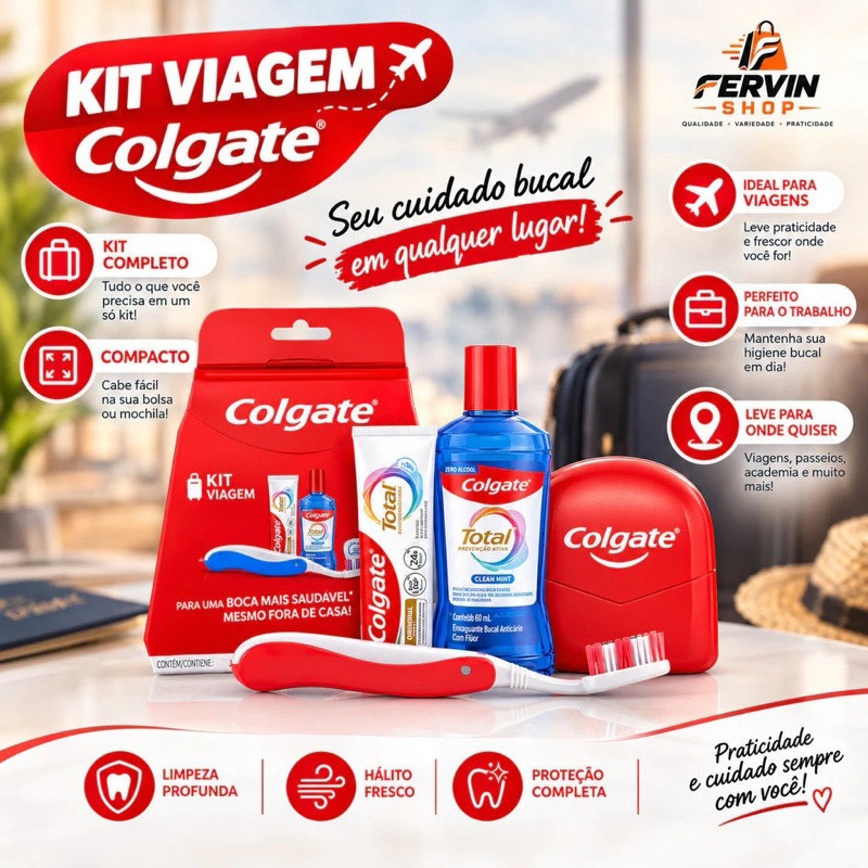 Imagem KIT HIGIENE BUCAL COLGATE PARA VIAGEM TRABALHO PORTÁTIL  E COM ESTOJO NECESSAIRE + PASTA + ESCOVA + ENXAGUANTE