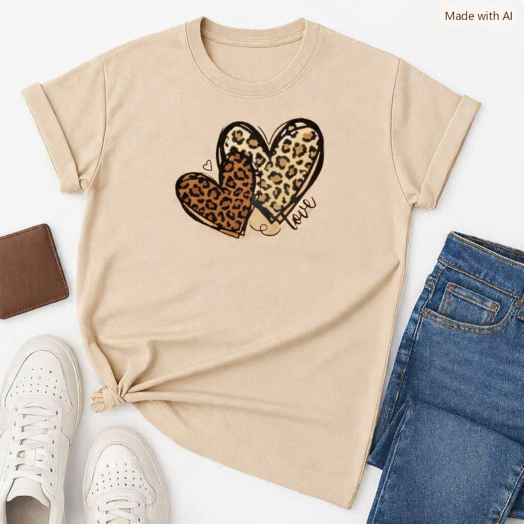 Camiseta Feminina Estilosa Estampada Love Coração Onça Lançamento Camiseta 100% Algodão