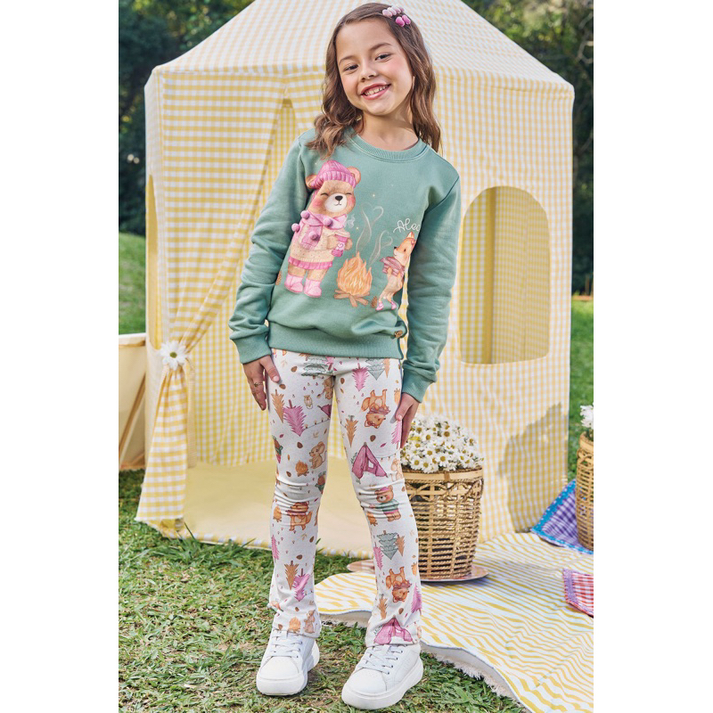 Conjunto blusão em moletom flanelado com pompom e legging flare termoskin peluciado ursinho Kukiê