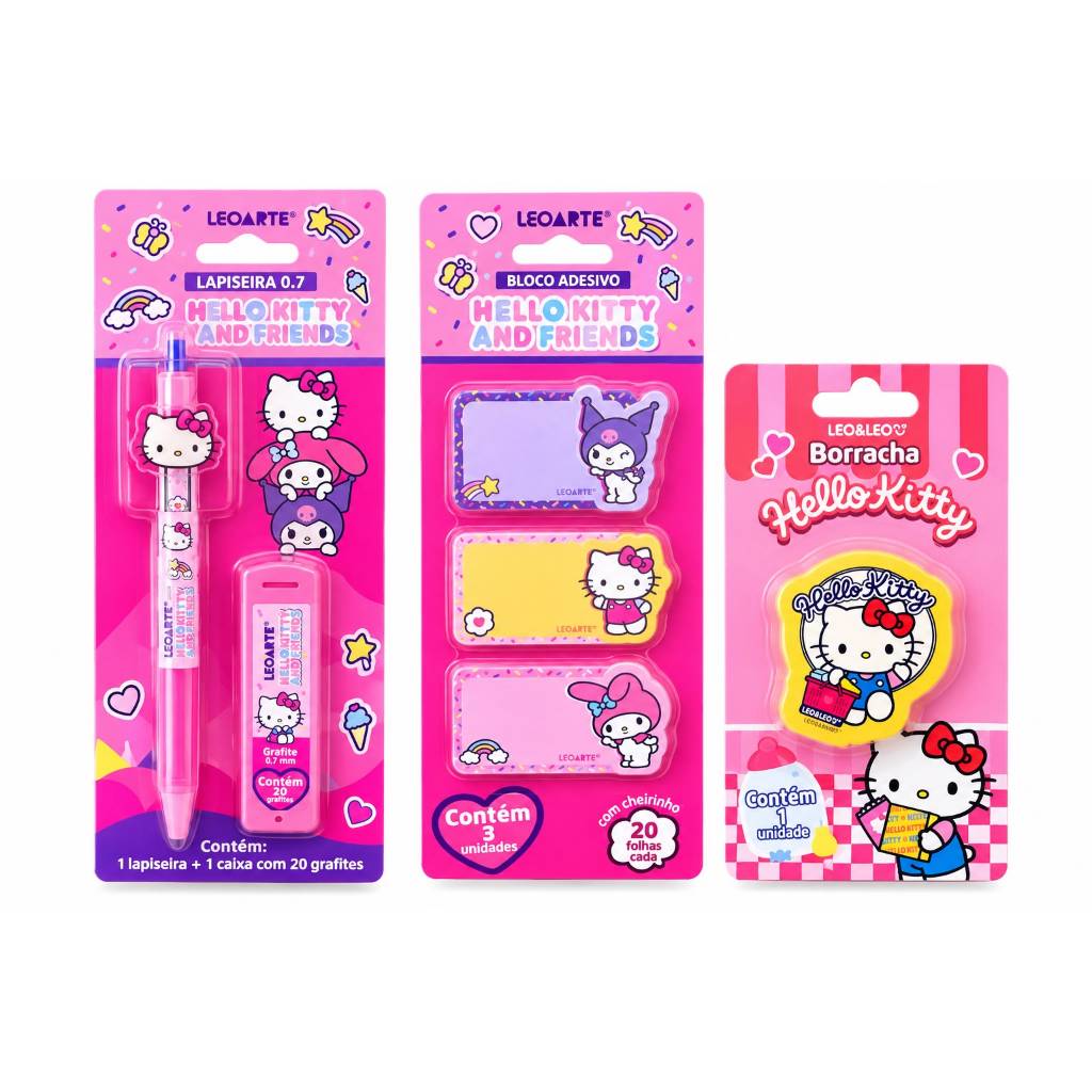 Kit Lapiseira Hello Kitty + Grafites + Bloco de Notas + Borracha Leo&Leo Papelaria Fofa Material
