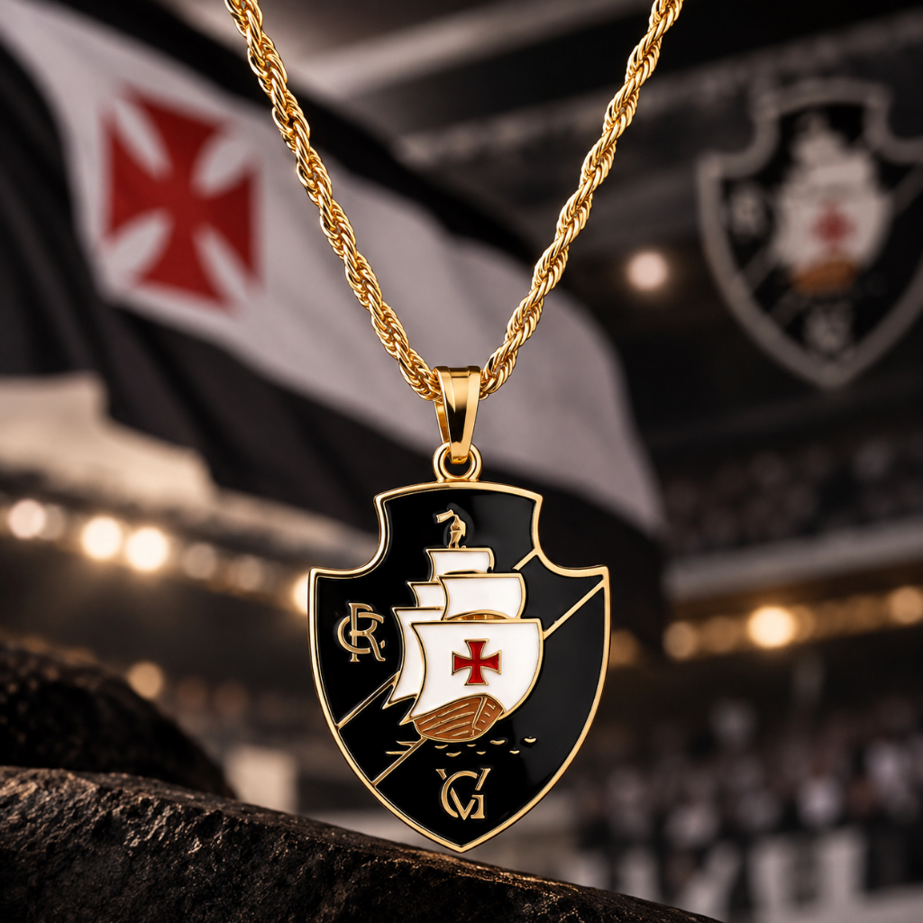 Colar Vasco da Gama ESMALTADO Escudo Aço Inox E FOLHEADO Masculino Feminino Torcedor Presente Oficial