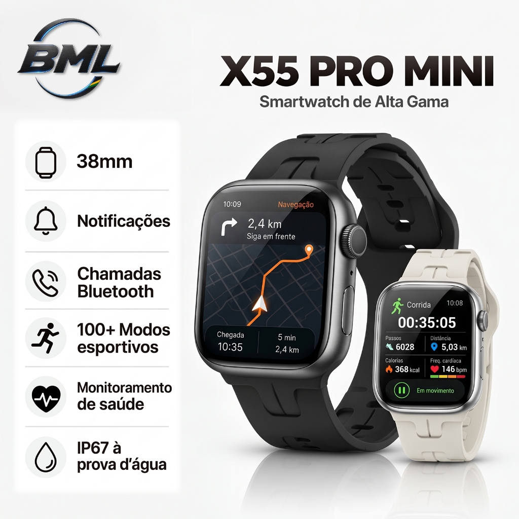 BML Relógio Inteligente Smartwatch X55 Pro Mini Esportivo, Monitoramento de Saúde, Compatível com Android e iOS