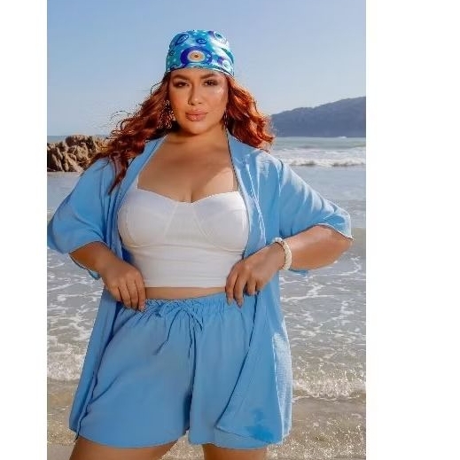 kimono feminino conjunto plus size saída de praia  elegante moderno 2 Peças Blusa Shorts eVerão Praia Casual