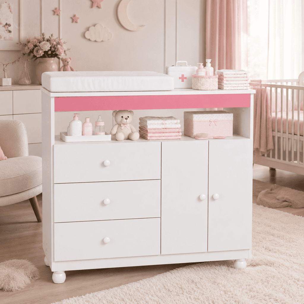 Imagem Cômoda com Trocador 92cm para Quarto de Bebê 3 Gavetas 2 Portas Nicho Organizador e Corrediças Telescópicas
