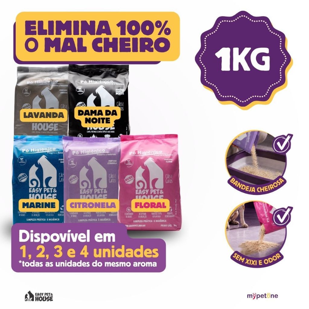 Pó Higiênico 1Kg Antiodor Seca Xixi Cães e Gatos EasyPet Limpeza Fácil Aromas Diversos 1,2,3 e 4 Unidades