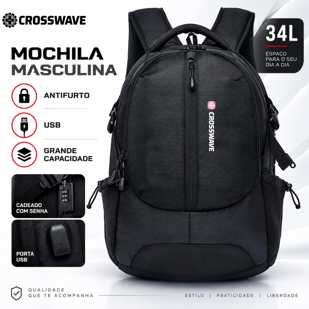 Mochila Crosswave Masculina Reforçada Antifurto com USB para Trabalho Faculdade Viagem e Dia a Dia